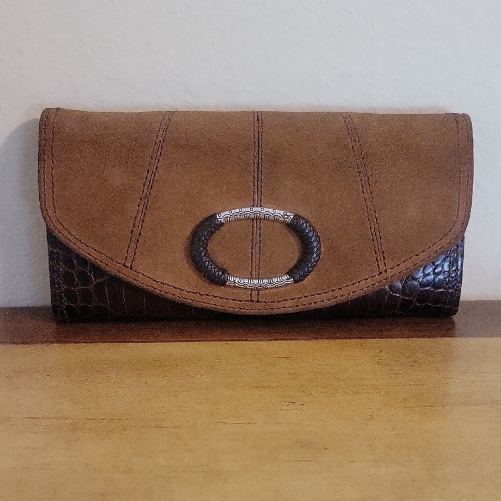 Brighton Brown Suede and Dark Brown Croc Accent Wallet